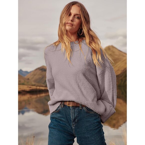 Women's Oversized Sweater Fuzzy Light Purple Long Sleeve Casual Chunky Pullover - Picture 5 of 9